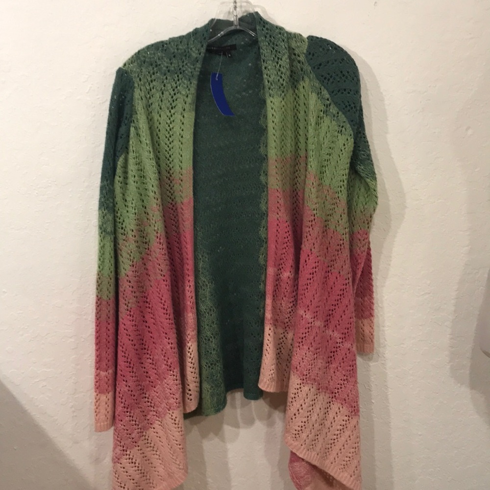BCBG Max Azria green pink open front cardigan M